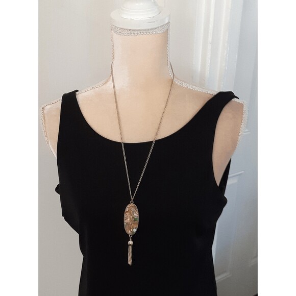 Jewelry - Gold tone long necklace pendant tassel acrylic green pink beachy casual 30"
